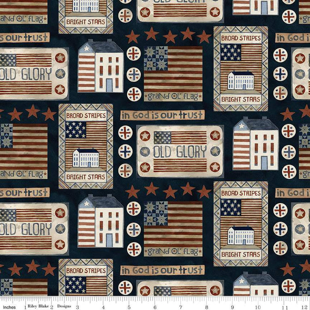 Bright Stars Houses and Flags C13101 Navy - Riley Blake Designs - Patriotic Folk Art Stars Text - Quilting Cotton Fabric