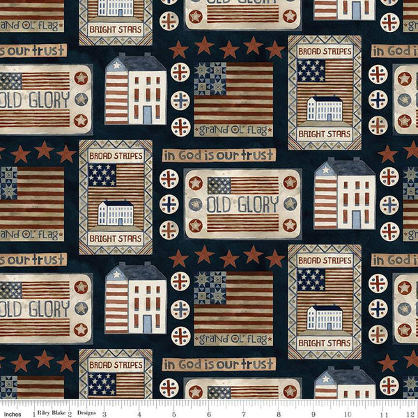 SALE Bright Stars Houses and Flags C13101 Navy - Riley Blake Designs - Patriotic Folk Art Stars Text - Quilting Cotton Fabric