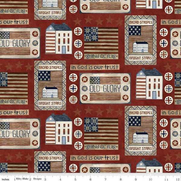 SALE Bright Stars Houses and Flags C13101 Red - Riley Blake Designs - Patriotic Folk Art Stars Text - Quilting Cotton Fabric