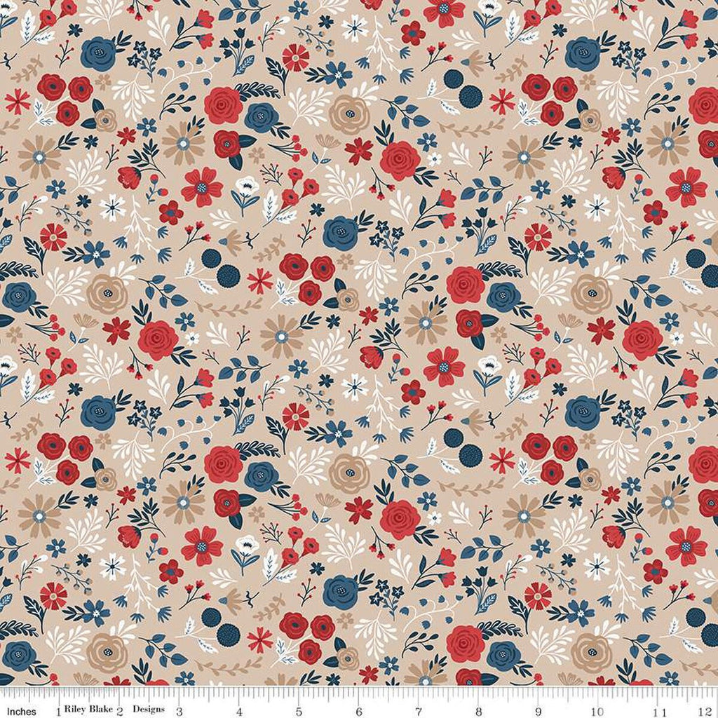 31" End of Bolt - Red, White and True Floral C13185 Beach - Riley Blake Designs - Patriotic Flower Flowers - Quilting Cotton Fabric