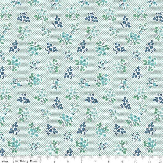 Bee Vintage Leah C13078 Blue - Riley Blake Designs - Floral Flowers Lattice Background - Lori Holt - Quilting Cotton Fabric