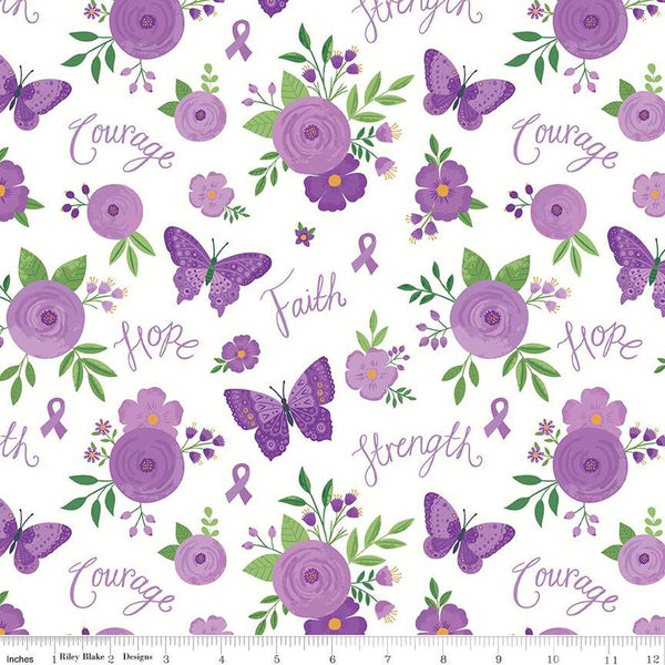 Strength in Lavender Main C13220 White by Riley Blake Designs - Cancer Awareness Flowers Butterflies Text - Quilting Cotton Fabric