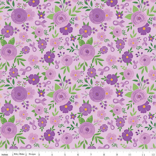 SALE Strength in Lavender Floral C13221 Lavender - Riley Blake Designs - Cancer Awareness Ribbons Flowers - Quilting Cotton Fabric