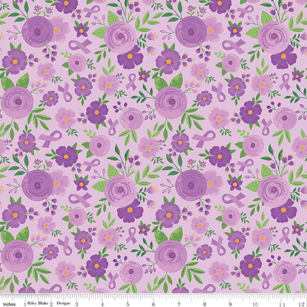 SALE Strength in Lavender Floral C13221 Lavender by Riley Blake Designs - Cancer Awareness Ribbons Flowers - Quilting Cotton Fabric