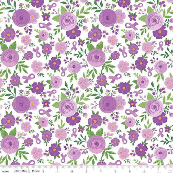 Strength in Lavender Floral C13221 White by Riley Blake Designs - Cancer Awareness Ribbons Flowers - Quilting Cotton Fabric