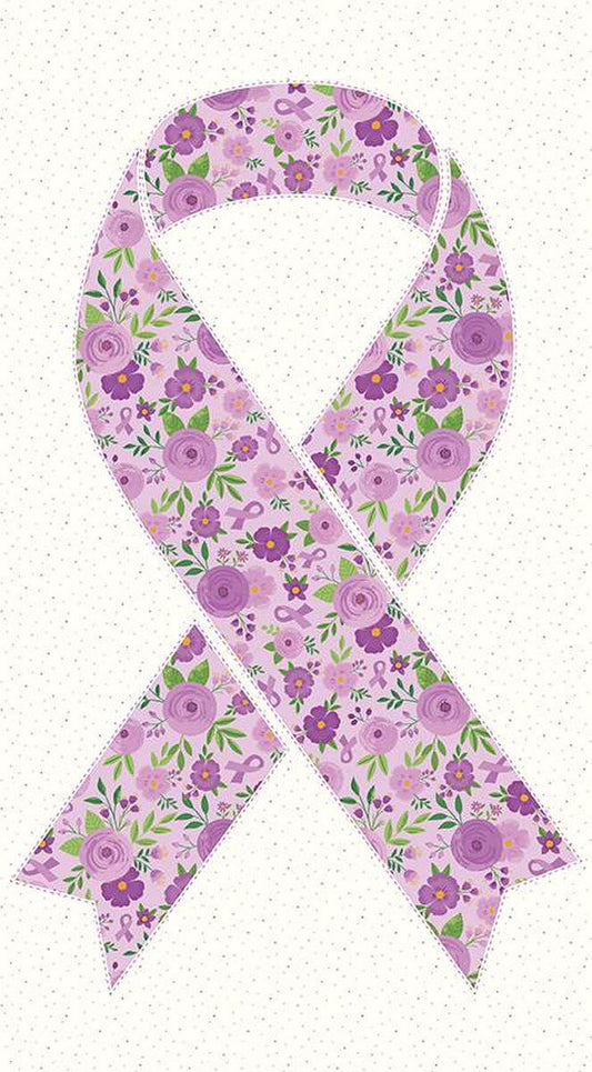 CLEARANCE Strength in Lavender Ribbon Panel P13226 - Riley Blake Designs - Breast Cancer Awareness Flowers Dots - Quilting Cotton Fabric