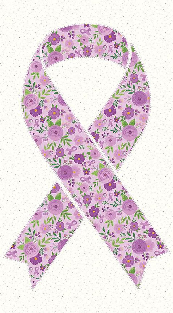 CLEARANCE Strength in Lavender Ribbon Panel P13226 - Riley Blake Designs - Cancer Awareness Flowers Dots - Quilting Cotton Fabric