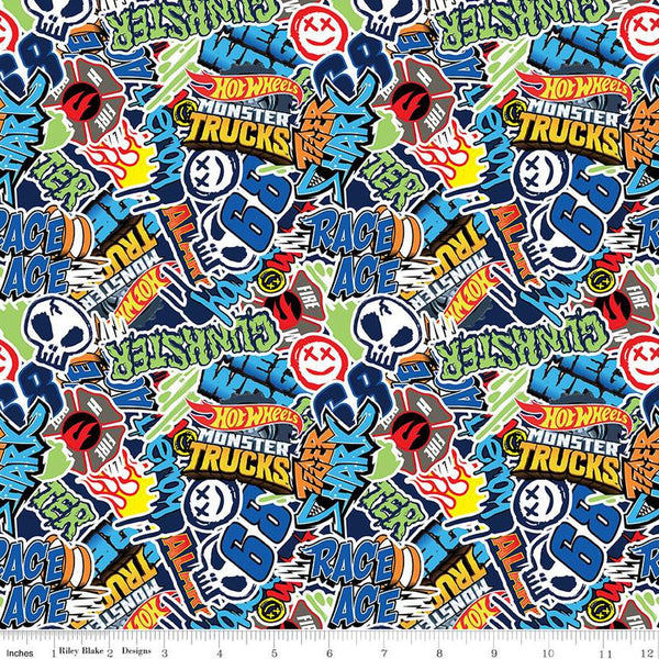 Hot Wheels Monster Trucks Logos CD12951 Multi - Riley Blake Designs - DIGITALLY PRINTED Trucks Icons Logo Text - Quilting Cotton Fabric