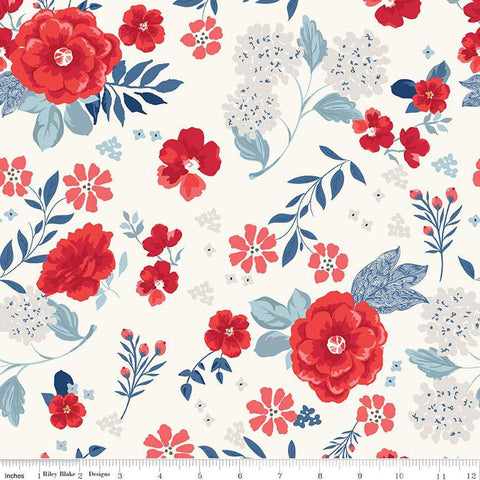 8" End of Bolt - Land of the Brave Main C13140 Cream by Riley Blake Designs - Patriotic Floral Flowers - Quilting Cotton Fabric