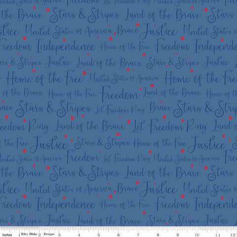 Land of the Brave Words C13144 Denim by Riley Blake Designs - Patriotic Script Text Stars - Quilting Cotton Fabric