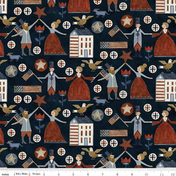 SALE Bright Stars Main C13100 Navy - Riley Blake Designs - Patriotic Folk Art People Flags Eagles Homes Flowers - Quilting Cotton Fabric