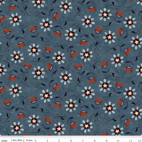 SALE Bright Stars Floral C13102 Blue - Riley Blake Designs - Patriotic Folk Art Flowers Stars - Quilting Cotton Fabric