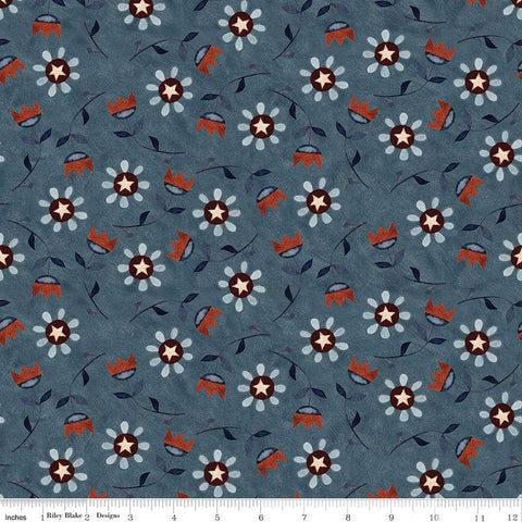 Bright Stars Floral C13102 Blue - Riley Blake Designs - Patriotic Folk Art Flowers Stars - Quilting Cotton Fabric