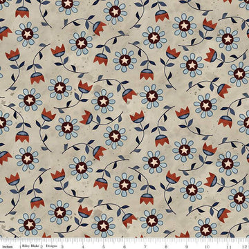 DEAL Bright Stars Floral C13102 Natural - Riley Blake Designs - Patriotic Folk Art Flowers Stars - Quilting Cotton Fabric