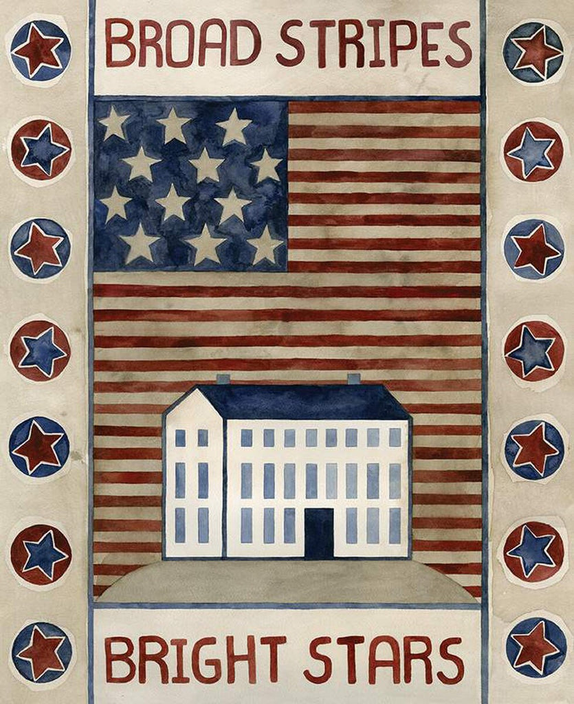 Bright Stars Panel P13108 by Riley Blake Designs - Patriotic Folk Art Flag House Text Americana - Quilting Cotton Fabric
