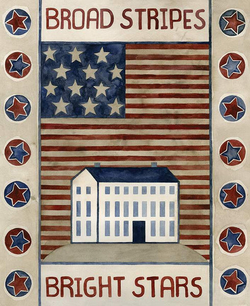 SALE Bright Stars Panel P13108 by Riley Blake Designs - Patriotic Folk Art Flag House Text Americana - Quilting Cotton Fabric