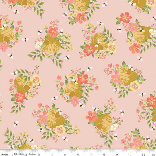 CLEARANCE Honeycomb Hill Main C13120 Blush  - Riley Blake Designs - Floral Flowers Bees Beehives - Quilting Cotton Fabric