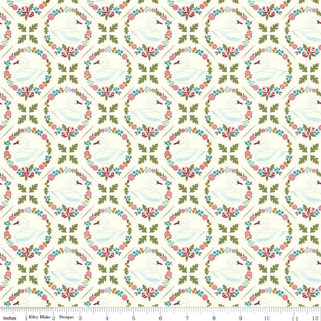 SALE Swan Serenade Odette SC13261 Cream SPARKLE - Riley Blake Designs - Floral Wreaths Birds Gold SPARKLE - Quilting Cotton Fabric
