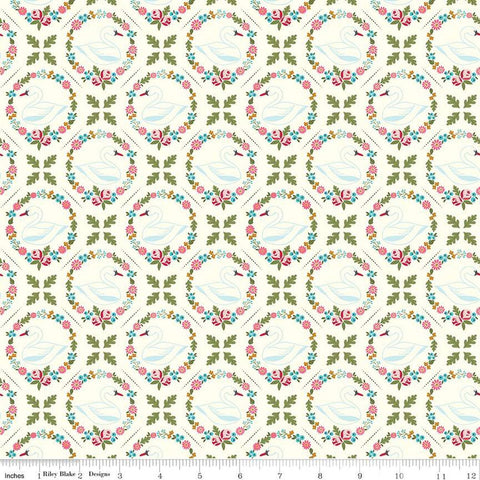 CLEARANCE Swan Serenade Odette SC13261 Cream SPARKLE - Riley Blake Designs - Floral Wreaths Birds Gold SPARKLE - Quilting Cotton Fabric