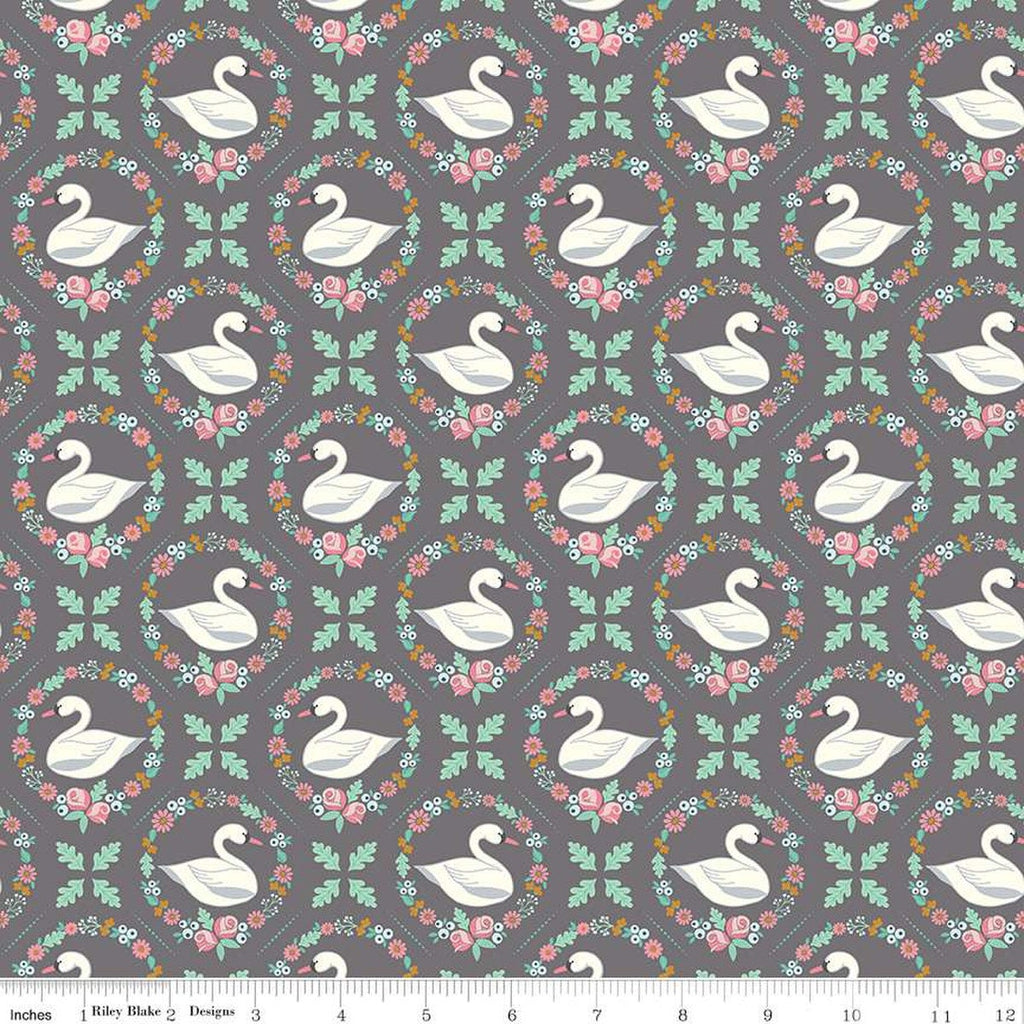 CLEARANCE Swan Serenade Odette SC13261 Gray SPARKLE - Riley Blake Designs - Floral Wreaths Birds Gold SPARKLE - Quilting Cotton Fabric