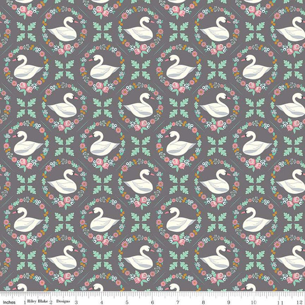 CLEARANCE Swan Serenade Odette SC13261 Gray SPARKLE - Riley Blake Designs - Floral Wreaths Birds Gold SPARKLE - Quilting Cotton Fabric