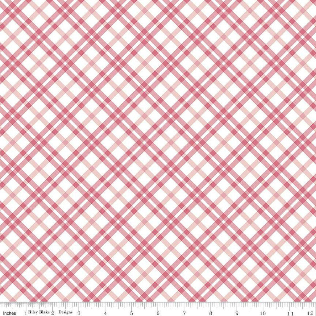 Easter Parade Picnic Check C11576 Raspberry - Riley Blake Designs - Pink White Geometric Diagonal Plaid - Quilting Cotton Fabric