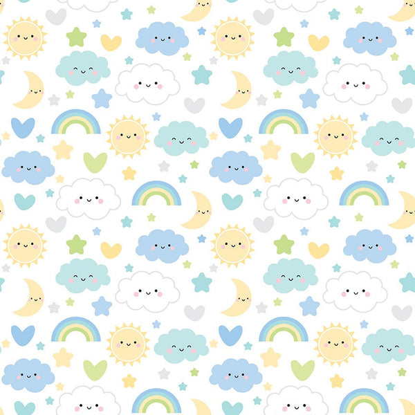 FLANNEL Baby Boy Sweet Dreams F13330 White - Riley Blake Designs - Children's Clouds Rainbows Hearts - FLANNEL Cotton Fabric