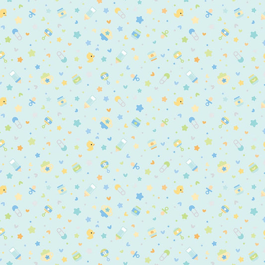 33" End of Bolt - SALE FLANNEL Baby Boy Binkies and Bottles F13332 Sky - Riley Blake Designs - Children's Stars Safety Pins - FLANNEL Cotton
