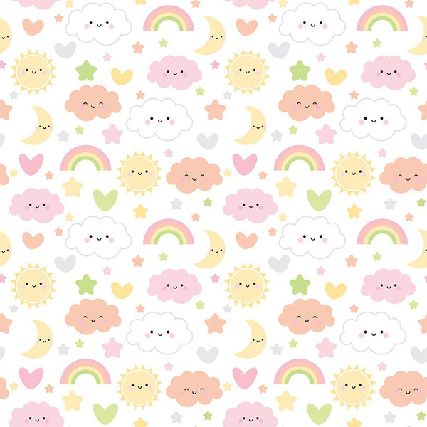 CLEARANCE FLANNEL Baby Girl Sweet Dreams F13333 White - Riley Blake Designs - Children's Stars Clouds Rainbows - FLANNEL Cotton Fabric