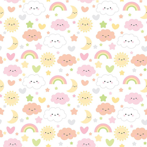 CLEARANCE FLANNEL Baby Girl Sweet Dreams F13333 White - Riley Blake Designs - Children's Stars Clouds Rainbows - FLANNEL Cotton Fabric