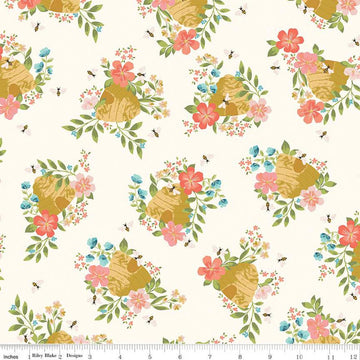 CLEARANCE Honeycomb Hill Main C13120 Cream - Riley Blake Designs - Floral Flowers Bees Beehives - Quilting Cotton Fabric