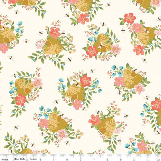 CLEARANCE Honeycomb Hill Main C13120 Cream - Riley Blake Designs - Floral Flowers Bees Beehives - Quilting Cotton Fabric