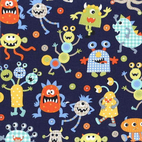 Monster Mash Navy by Michael Miller - Monsters Aliens Blue - Quilting Cotton Fabric - choose your cut