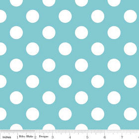 CLEARANCE Aqua Medium Dots 3/4" Three Quarter inch - Riley Blake Designs - White Polka Dots - Quilting Cotton Fabric